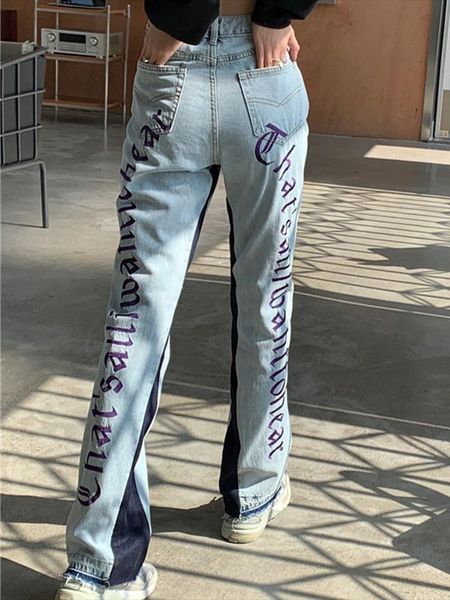 

spring fashion clothing y2k traf women pant straight jeans high waist baggy with embroidery for girls streetwear, Black;white