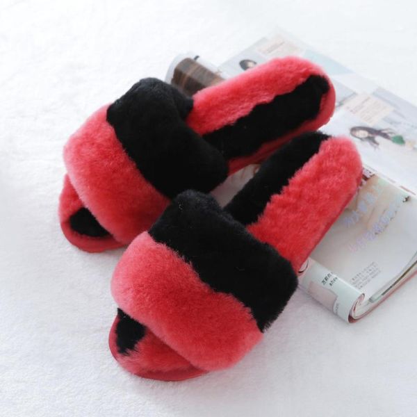 

slippers fashion warm wool natural fur home air conditioning room sheepskin indoor house shoes for women, Black