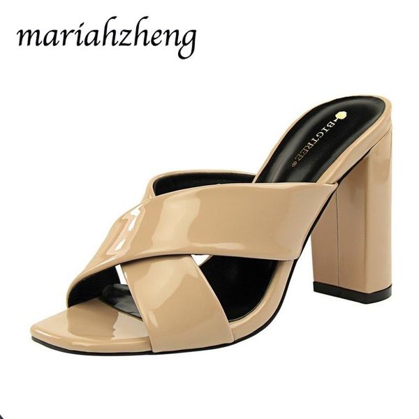

slippers meriahzheng 9.5cm summer fashion thick heel high patent leather cross belt female half drag women's shoes ds, Black