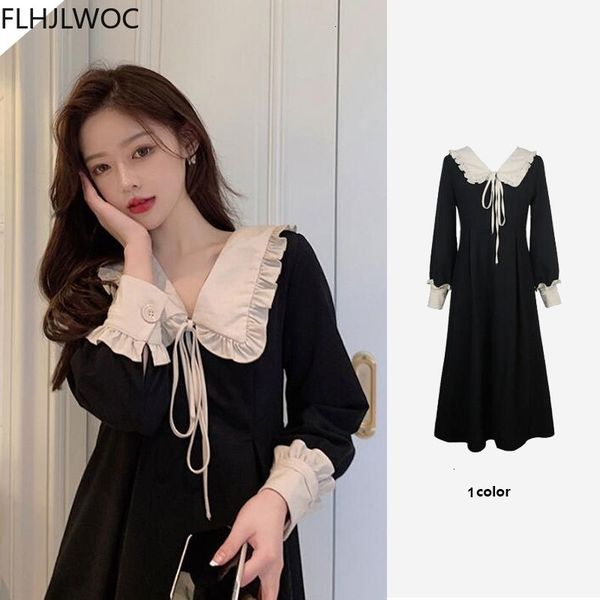 

casual dresses spring fenimine vestidos women fashion cute sweet date girls patchwork bow tie long black vintage hpvk, Black;gray