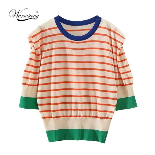 

korean striped short t-shirt summer puff sleeve knitted pullovers o-neck women casual slim tee thin knitwear b-043 210522, White