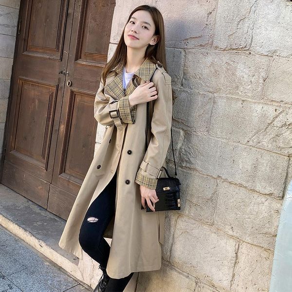 

women's trench coats 7606 windbreaker middle long 2021 spring and autumn belt korean style double breasted khaki coat, Tan;black