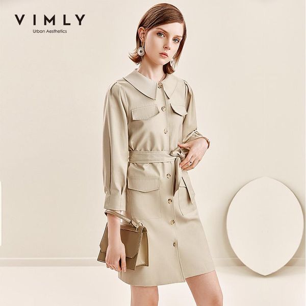 

vimly winter women's dress elegant turn down collar single breasted pockets solid with belt vestidos female shirts dresses f2290 casual, Black;gray