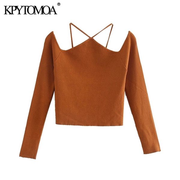 

kpytomoa women fashion with straps cut-out knitted sweater vintage off the shoulder long sleeve female pullovers chic 210812, White;black
