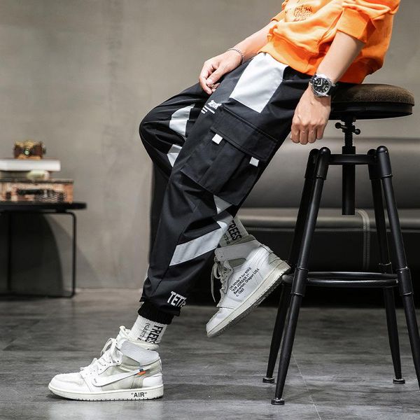 

men's pants autumn spring casual overalls men loose joggers fashion male spliced hip hop trouser mid waist, Black