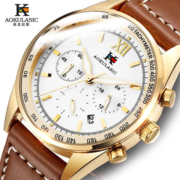 

aokulasic quartz six pin multi function watch business men's watch, Slivery;brown