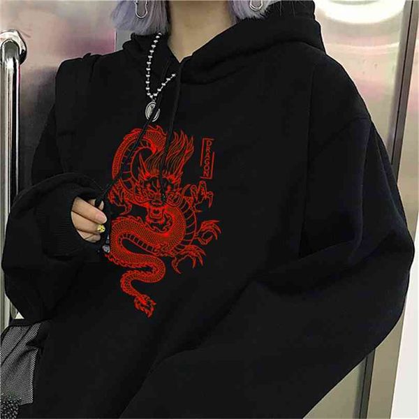 

streetwear hoodie vintage women chinese dragon print hooded sweatshirt winter oversize loose women's harajuku hip hop 210817, Black