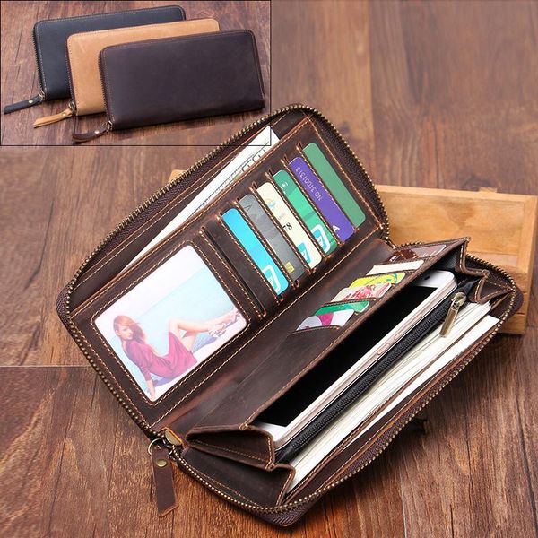 

wallets vintage crazy horse genuine leather wallet men purse long style clutch bag male zip around, Red;black