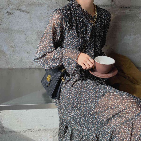 

casual dresses dresses vintage bow-neck lace-up women flare sleeve floral print ruffles a-line female chiffon dress spring vestidos 8yji, Black;gray