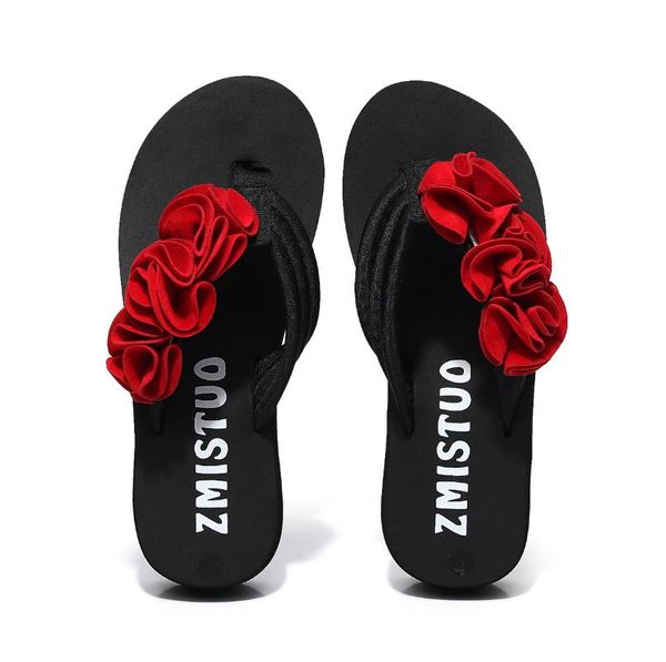 

summer bohemian flip-flops women's slippers platform heel non-slip split toe wear-resistant beach shoes, Black