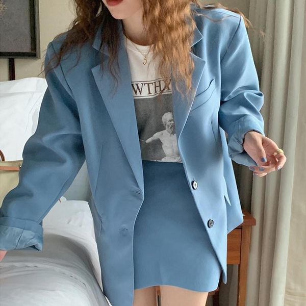 

two piece dress [ewq] korean simple lapel button loose long sleeve blazer coat + high waist hip wrap short skirt suit female 2021 16e2974, White
