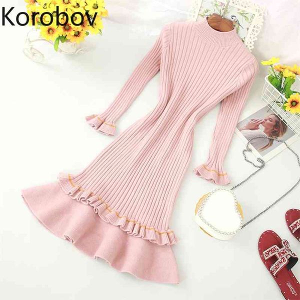 

korobov autumn new knit flare sleeve dress korean solid elegant midi dresses vintage ruffles patchwork vestidos 78896 210430, Black;gray