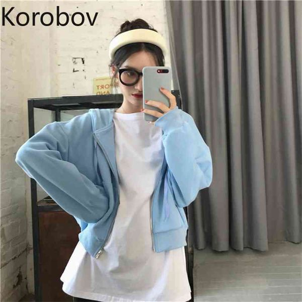 

korobov women solid hooded crop hoodies korean streetwear sweet chic female sweatshirt long sleeve loose casual harajuku hoodies 210430, Black