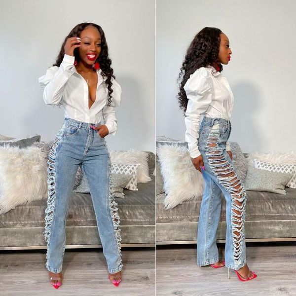 

women's jeans distressed women long straight light blue zipper denim pants hole ripped 2021 summer cargo workout trousers