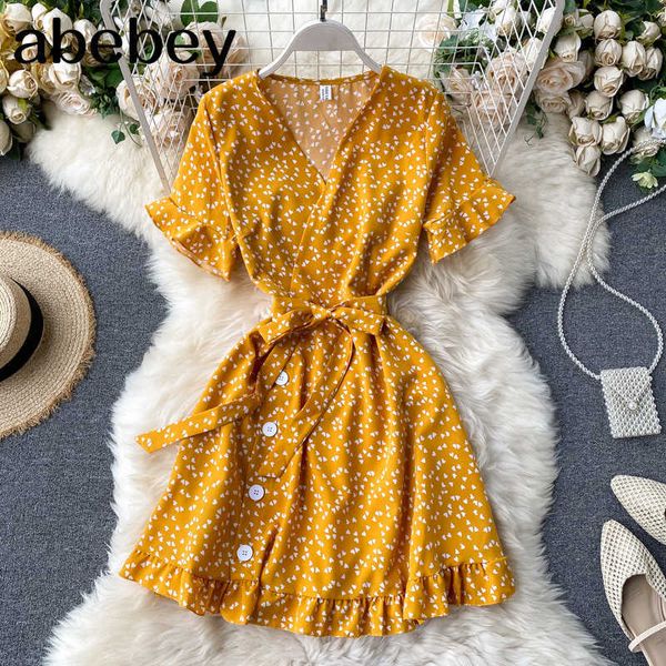 

women korean bohemian dot dress vintage robe flare sleeve v neck short sleeves casual dress heart print chiffon dress 210715, Black;gray