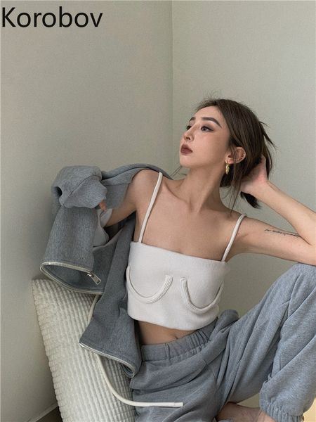 

korobov new summer chic streetwear tank vintage slash neck crop korean spaghetti striped vest 210430, White