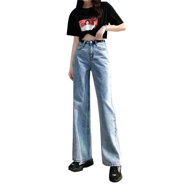 

women's jeans spring 2021 high waist elastic adjustable loose straight legs, Blue
