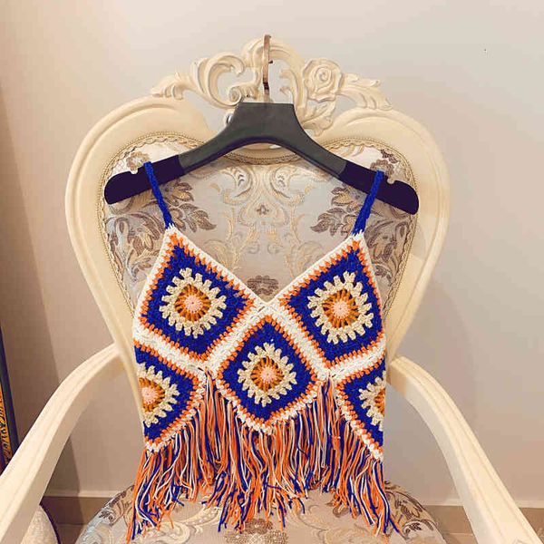 

bikini blouse beach cover up hit rhombus hand hook flower tassel crop short holiday knit shirt, White