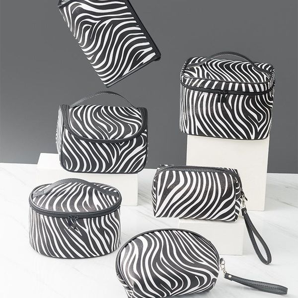 

cosmetic bags & cases pu leather bag fashion black and white pattern travel storage with compartment large capacity portable make-up