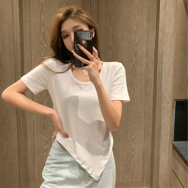 

summer irregular women t-shirt short sleeve female split fork loose tshirt 2021 woman tshirts women's, White