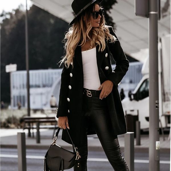 

women's wool & blends women long coat stylish sleeve lapel fashion solid color outerwear suit for female ladies winter 2021, Black