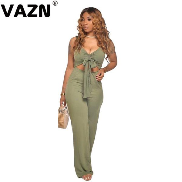 

women's jumpsuits & rompers vazn 2021 summer lady 3 colors solid long jumpsuit sleeveless deep v-neck knotted crop straight, Black;white