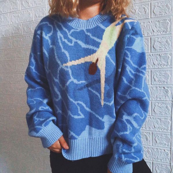 

women's sweaters 2021 autumn sweater pullover fashion simple street ocean diving print loose warm round neck long sleeve top, White;black