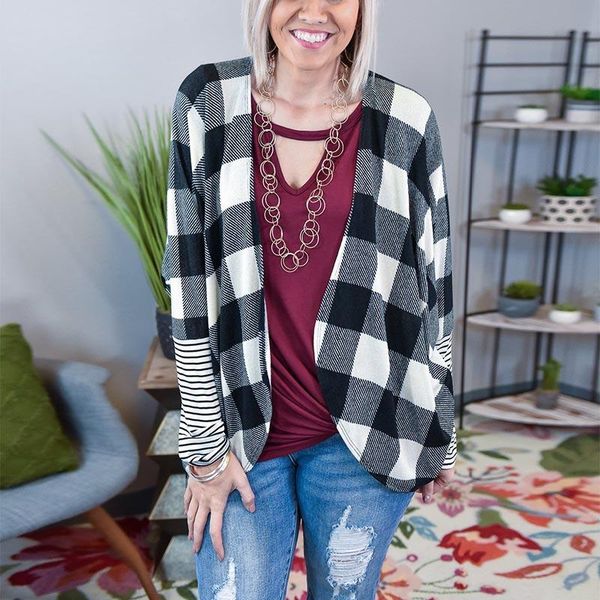 

women's jackets spring autumn vintage plaid jacket women retro thin coat v neck cardigan ladies casual loose for outwear 2021, Black;brown