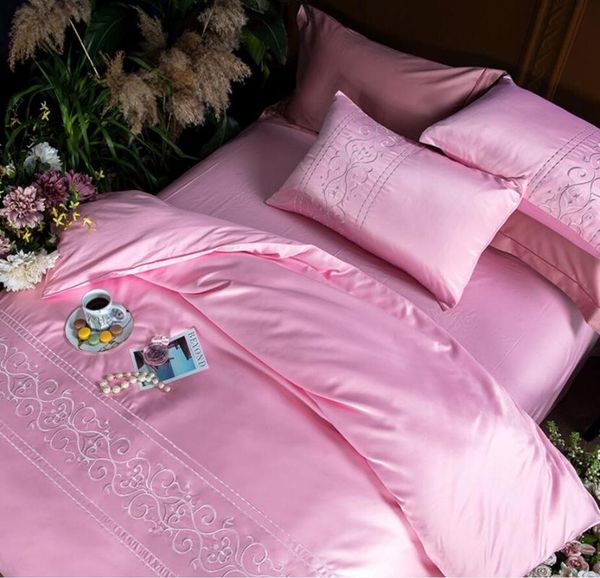 

bedding sets pure color silk/cotton set king  size 4pcs pink satin bed embroidered princess duvet cover bedsheet pillowcases