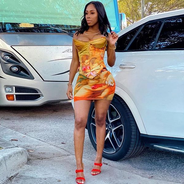 

angel print two piece set for women y2k clothes zip strapless corset mini skirt club birthday outfits matching sets women's tracksuits, Gray