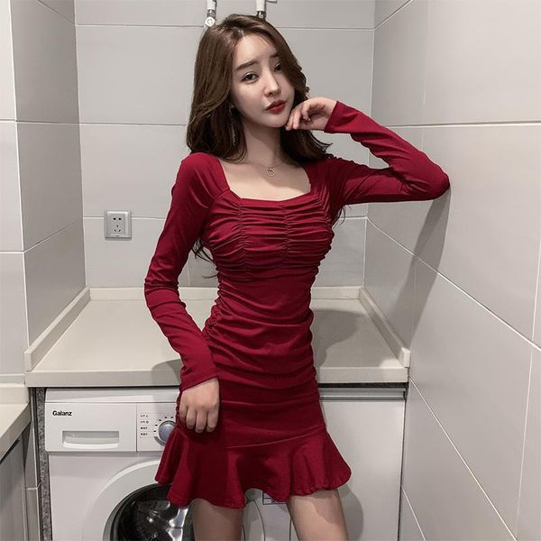 

casual dresses women 2021 spring autumn long sleeve ruched mini dress female square collar slim fashion party clubwear vestidos f37, Black;gray