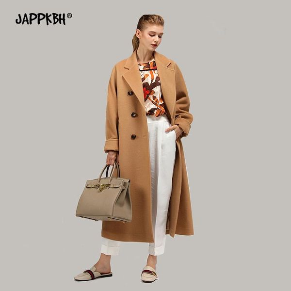 

women's wool & blends women's cashmere coat autumn winter double breasted long jacket female thick warm loose streetwear clothing s, Black