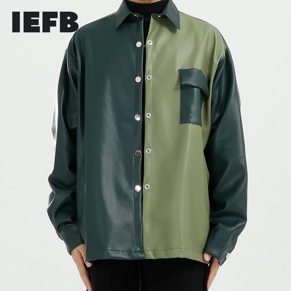 Vestuário Masculino de IEFB Primavera Outono PU Couro Casacos Design Contraste Color Retalhamento Vintage Verde Verde Revestimento 9Y7306 210524