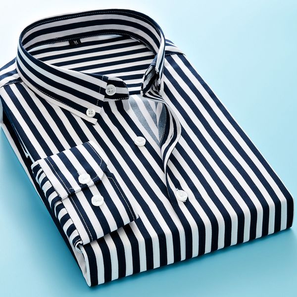 

men's shirt striped long sleeve business formal casual slim fit classic collar blue white black