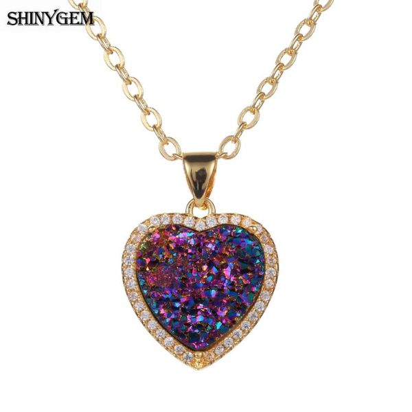 Collane con ciondolo ShinyGem Fashion 12 * 12mm Love Heart Cristallo scintillante naturale Druzy Oro / Argento placcato per le donne Gif