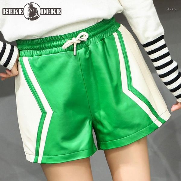 

personality patchwork genuine leather sweatpants women lace up elastic high waist wide leg shorts casual sheepskin mini women's, White;black