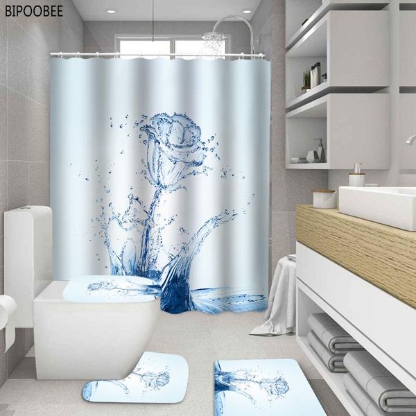 

water styling rose flowers shower curtain for bathroom decoration fabric bath curtains toilet lid cover mats non-slip carpet