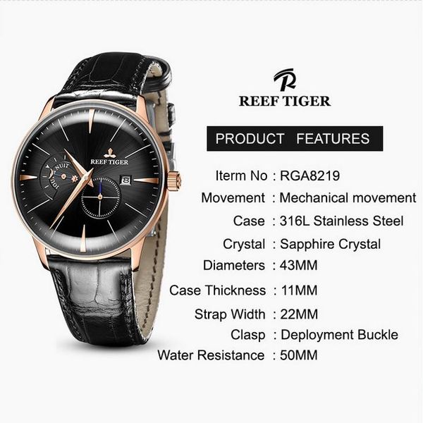 

wristwatches reef tiger mens automatic watches luxury male fashion watch ultrathin mechanical wristwatch bubble mirror leather strap rga8219, Slivery;brown