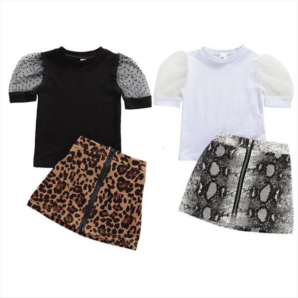 

1 6y summer fashion toddler baby girls clothes sets lace sleeve t shirts leopard snakeskin print skirts, White