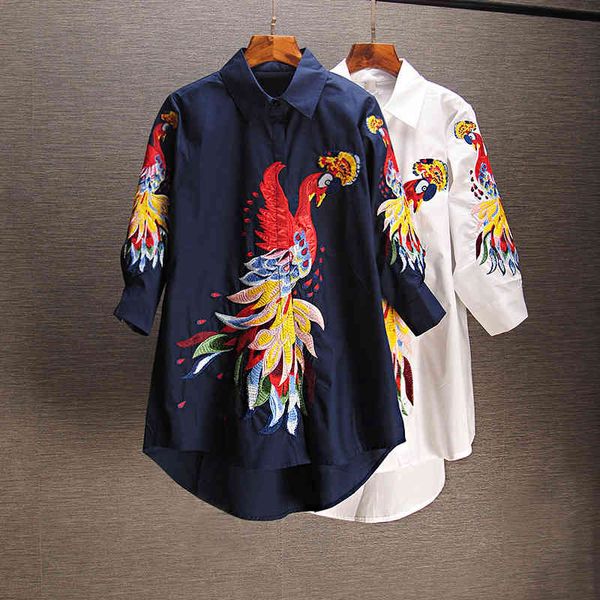 

blouses plus size women loose-fit long-sleeve lapel white shirt embroidered chinese-style blouse female shirts mom