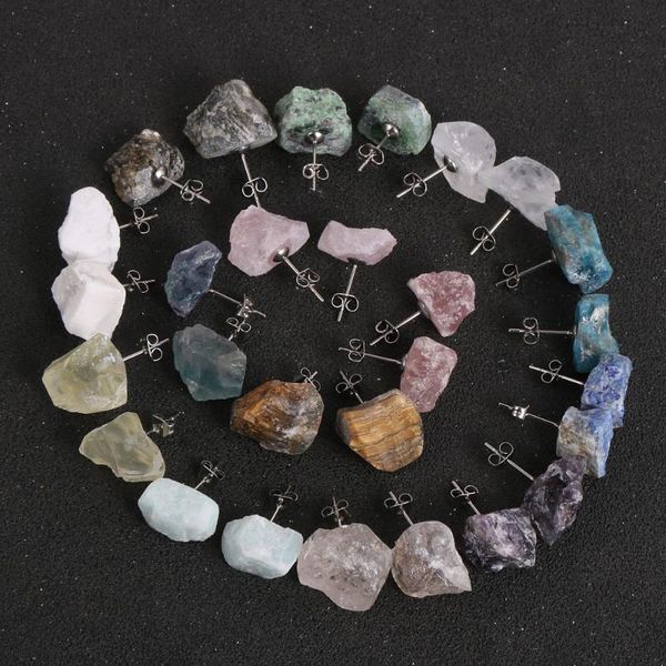 

fashion natural irregular gem stone lapis lazuli tiger eye earring stud blue apatite crystal stainless steel earrings jewelry, Golden;silver