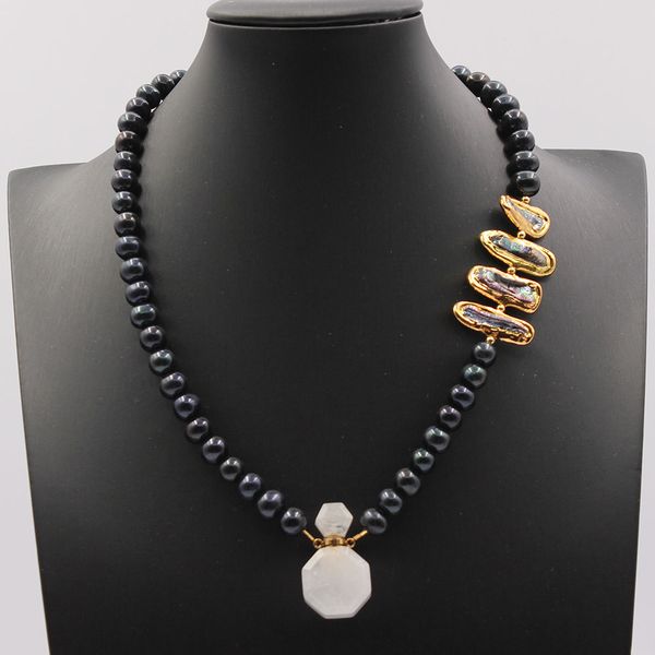

guaiguai jewelry natural black round pearl keshi biwa pearl gold plated white quartz pendant necklace handmade for women, Silver