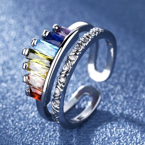 

qnjq korean version ringnew ears micro inlaid zircon rainbow band rings crown women's fashion opening adjustable index finger joint, Silver