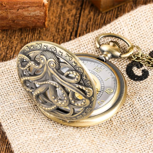 Retro Octopus Hollow Half Hunter Quarz Taschenuhr Vintage Grau Bronze Halskette Anhänger Kette für Kinder Männer Frauen reloj215a