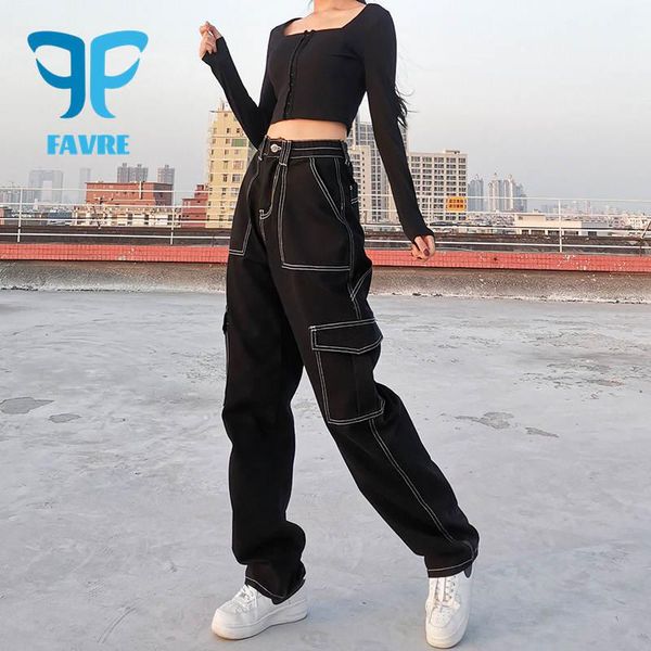 

women's jeans favre pockets patchwork baggy fashion streetwear 100% cotton women denim trouser loose cargo pants korean harajuku, Blue