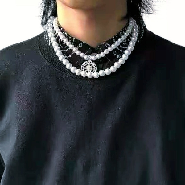 

chinese fashion brand rap double layer hip hop niche pearl necklace national tide wu yifan the same accessories, Silver