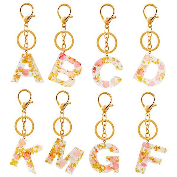 Real Secado Flower Letter Keychain Alfabeto Inglês Anel chave para mulher gradiente resina palavras artesanato handbag encantos llavero