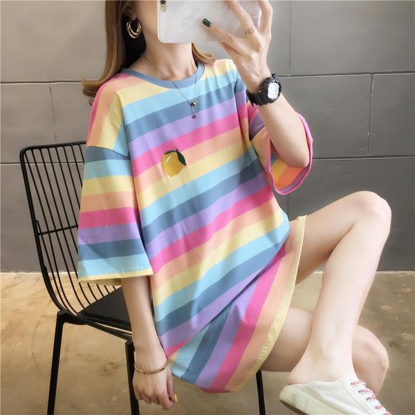 

rainbow stripe women's summer clothes loose maternity shirt pregnant oversized print t-shirt 2021, White