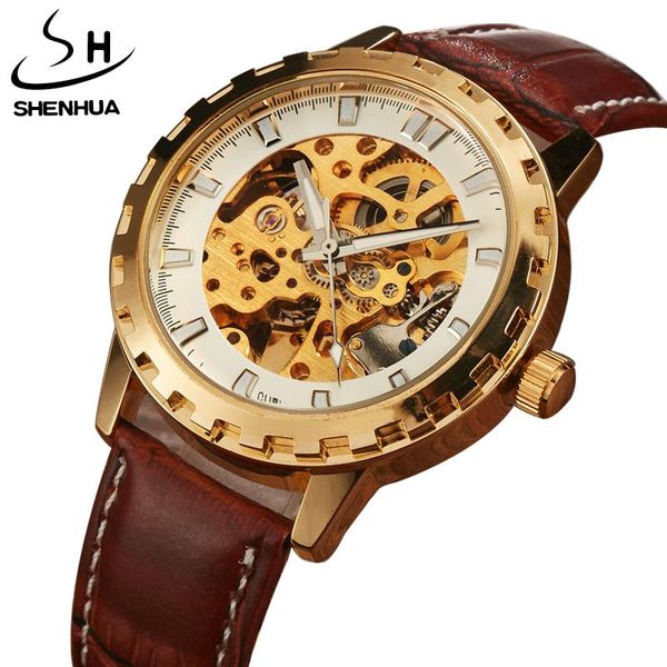 

luxury shenhua brand unique mens automatic mechanical watches skeleton gear dial real leather band for males gifts wristwatches, Slivery;brown