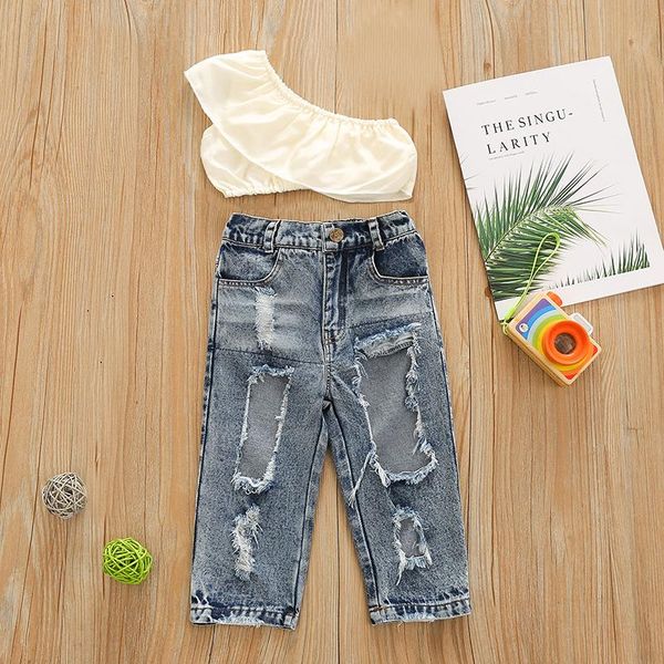 

clothing sets 18m-6y kids girls summer outfits 2pcs clothes set flounce one shoulder sleeveless crop ripped jeans pants toddler baby, White